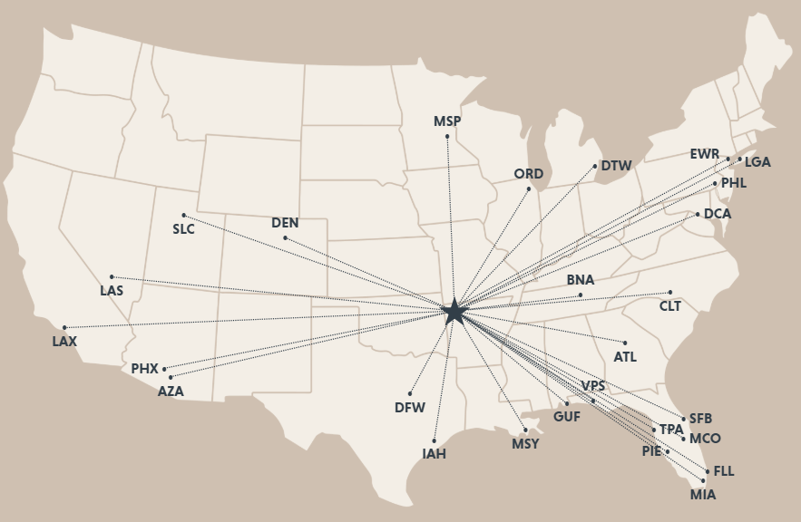 A map of the United States shows airline routes available at Northwest Arkansas National Airport to various cities across the country, with lines illustrating each route.