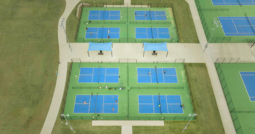 An aerial view of pickleball courts.