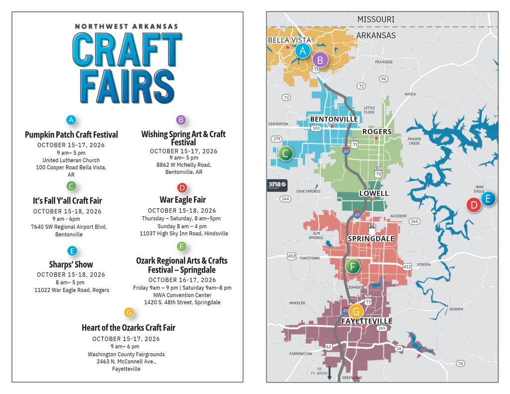 Map of craft fairs in Northwest Arkansas with event names, dates, locations, and a color-coded map showing cities including Bentonville, Rogers, Springdale, and Fayetteville.