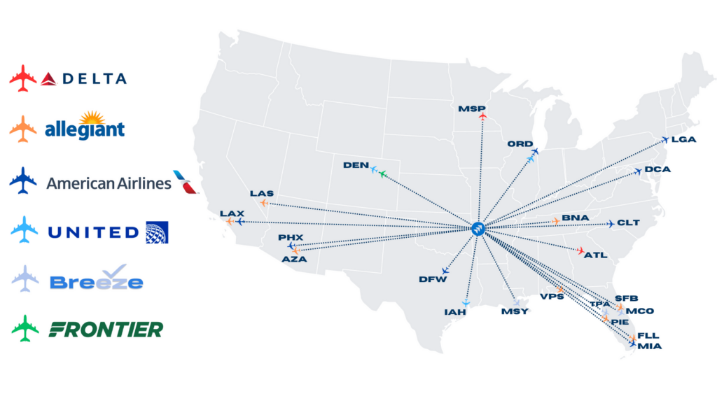 A map of the united states with different airlines.