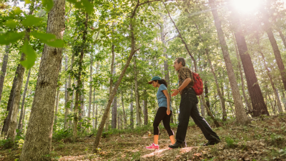 couple hiking in the woods - stock photo.