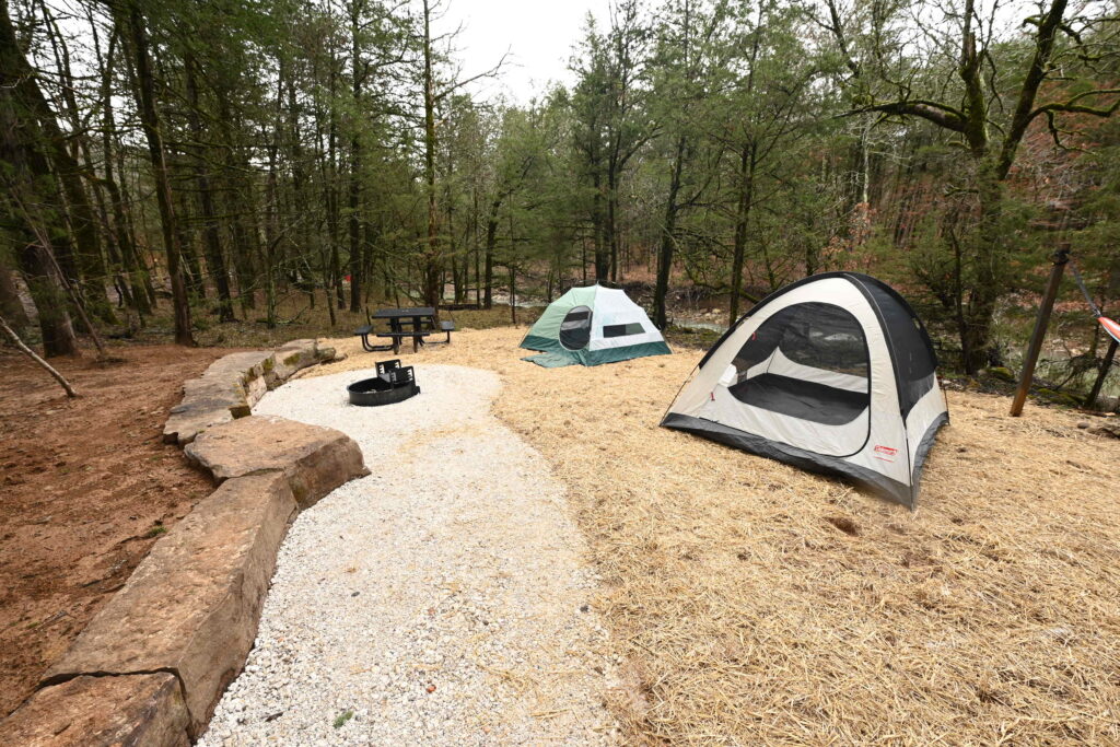 Two tents are set up at a campsite with a gravel path, a picnic table, a fire pit, and trees in the background.
