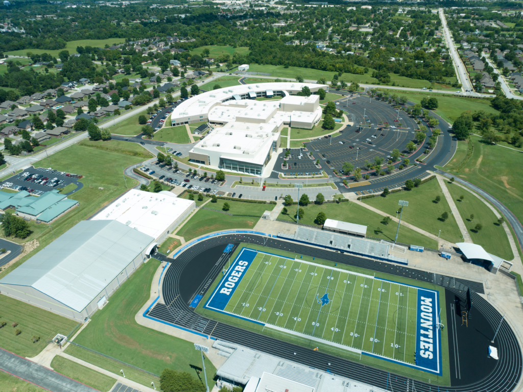Drone high shot of Roger High School
