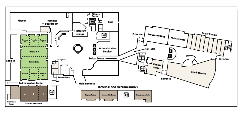 Floor plan showing the layout of a convention center, spa, fitness centers, pool, guest rooms, meeting rooms, and service areas with labeled entrances and main pathways.