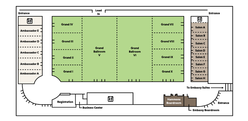 Floor plan of a convention center with labeled meeting rooms, ballrooms, restrooms, registration area, business center, and entrances.