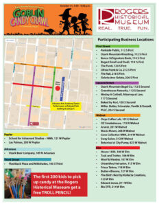 Event map for Goblin Candy Crawl showing business locations, event details, and prize info, with a list of participating businesses and highlighted street routes in downtown Rogers, Arkansas.