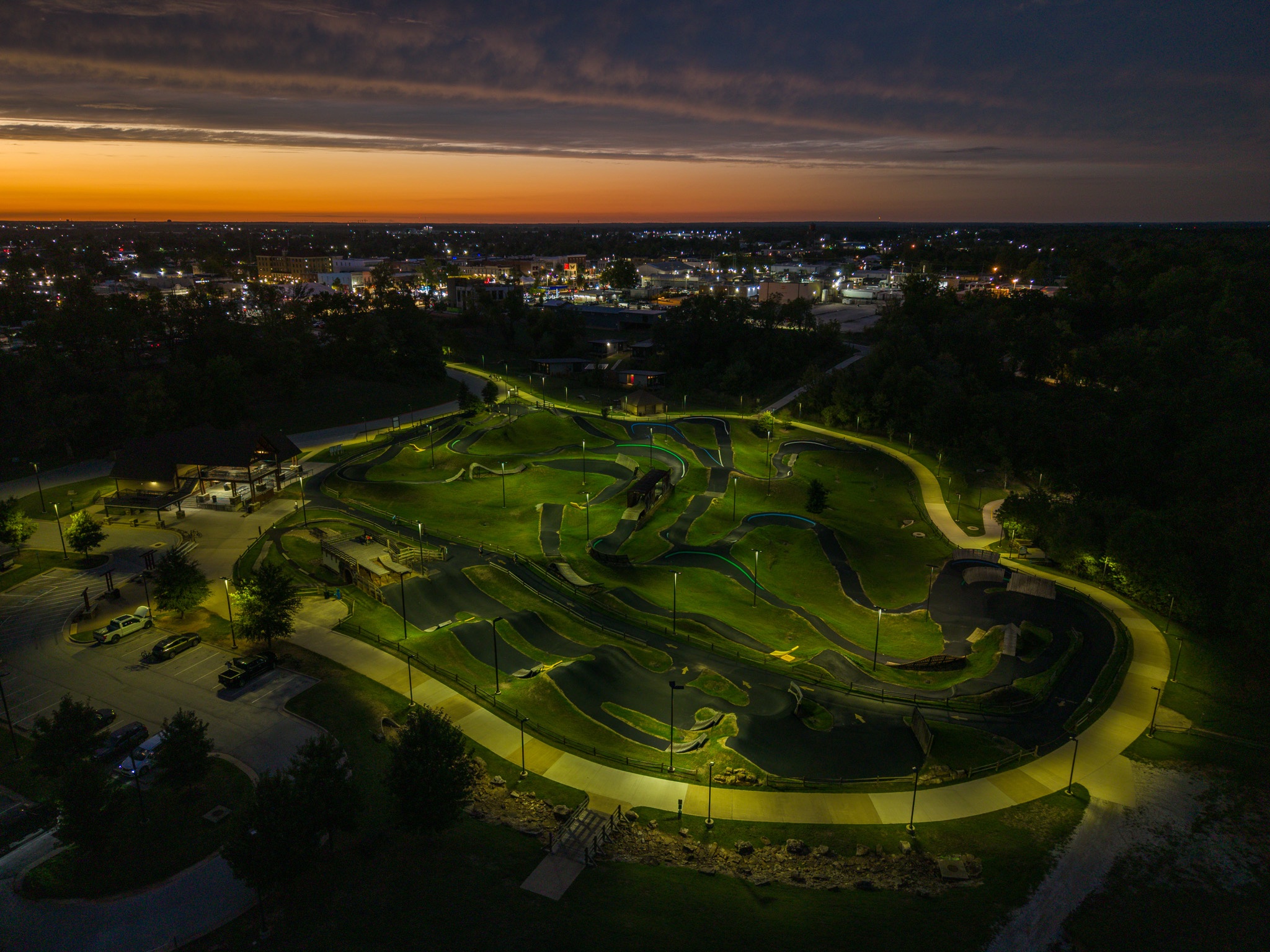 The Railyard Bike Park at sunset in downtown Rogers, Arkansas